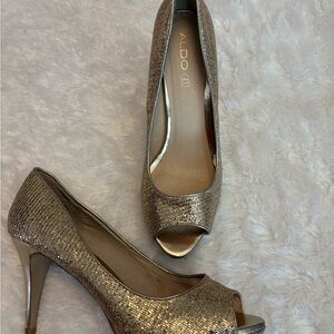 Aldo Gold Glitter Peep-Toe Heels